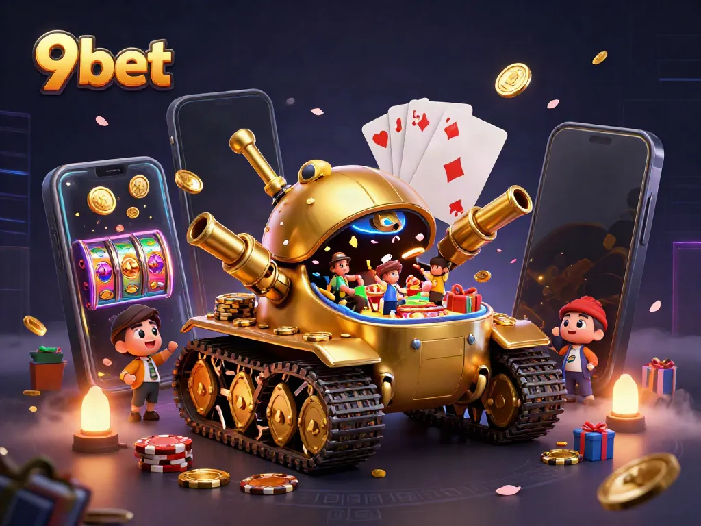 Experience the thrilling casino atmosphere at 9bet with a dynamic, vibrant illustration featuring mini games and golden coins.