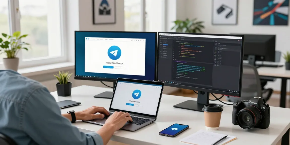 Person using the Telegram Web Version on dual monitors in a modern tech workspace, showcasing productivity and innovation.